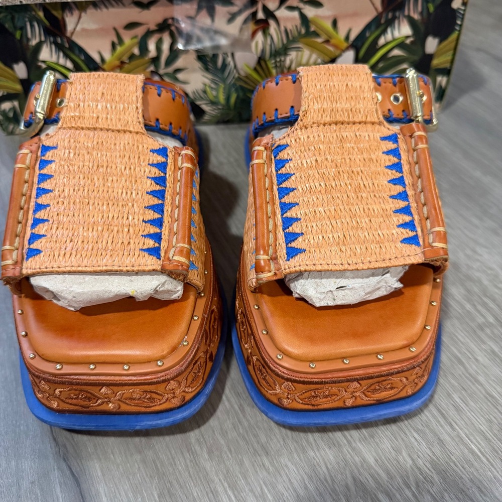 Farm Rio Rust Flatform Mule Embroidered Raffia Platform Sandals Brown Blue 6 36 - Picture 2 of 7